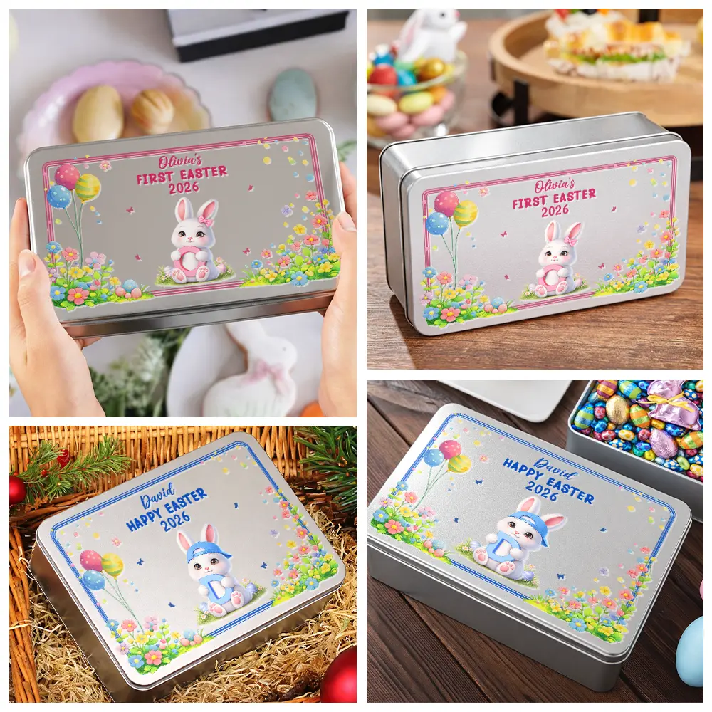 Easter Bunny Holding Alphabet Letter - Personalized Metal Biscuit Tin - Image 6