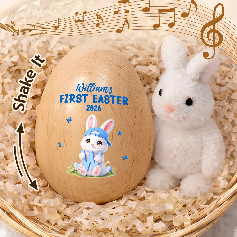 Easter Bunny Holding Alphabet Letter - Personalized Musical Wooden Easter Egg Shaker