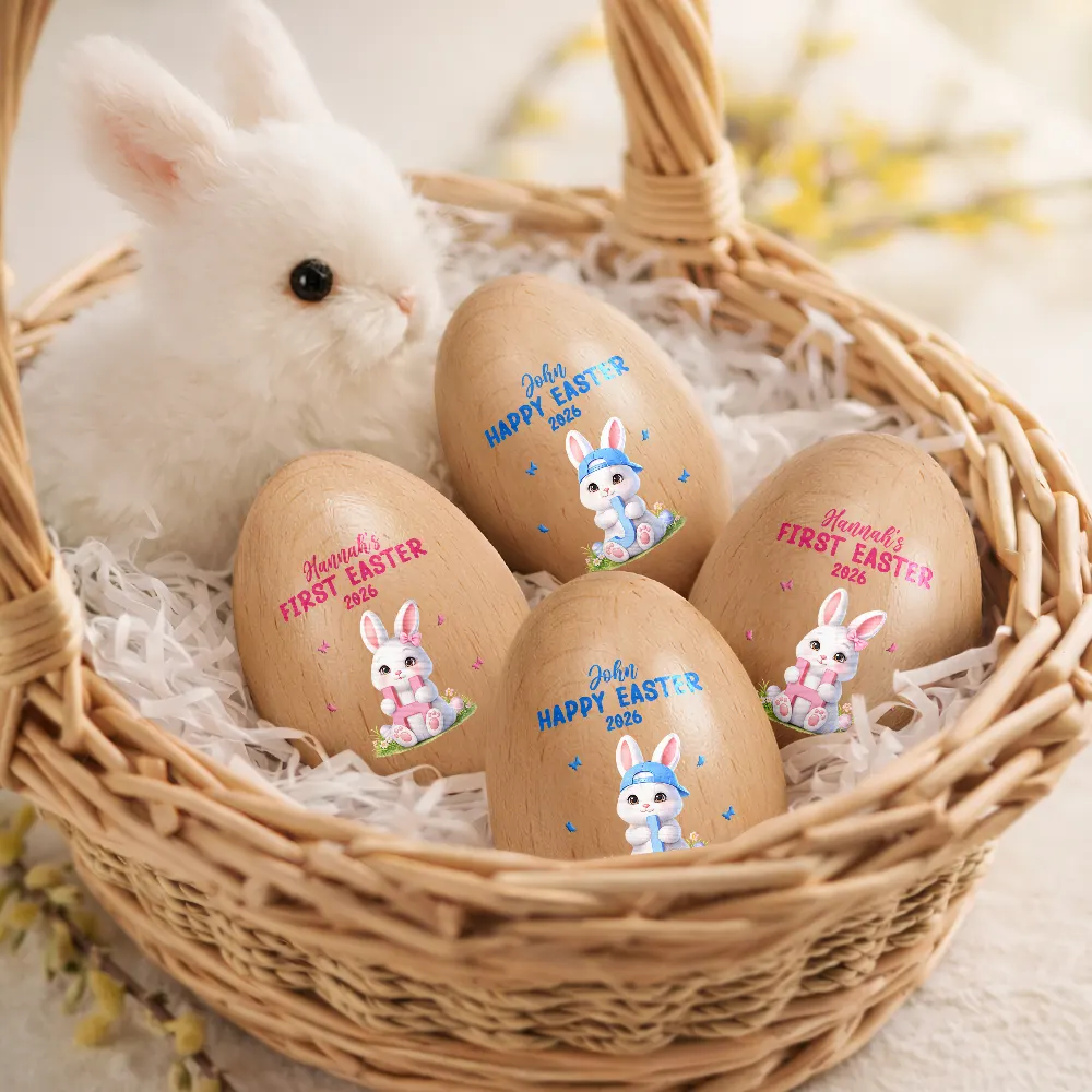 Easter Bunny Holding Alphabet Letter - Personalized Musical Wooden Easter Egg Shaker - Image 2