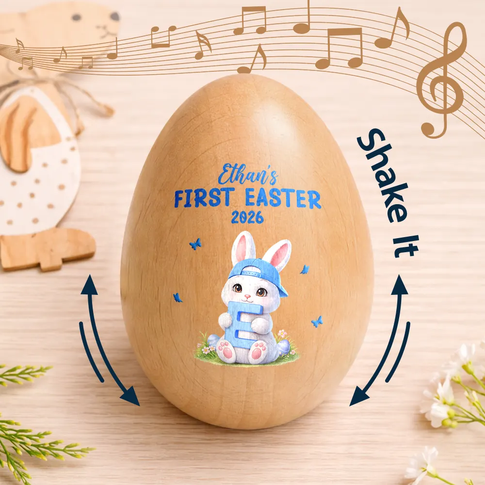 Easter Bunny Holding Alphabet Letter - Personalized Musical Wooden Easter Egg Shaker - Image 4