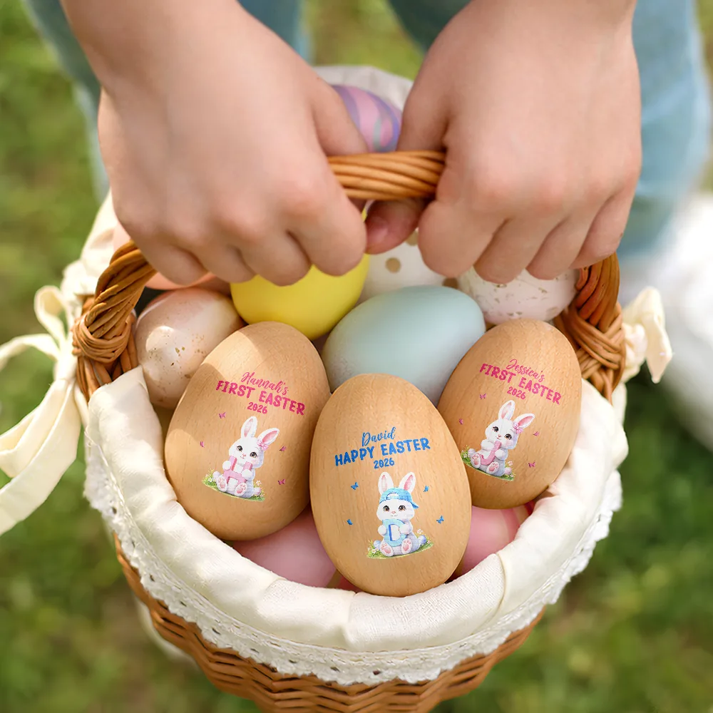 Easter Bunny Holding Alphabet Letter - Personalized Musical Wooden Easter Egg Shaker - Image 6
