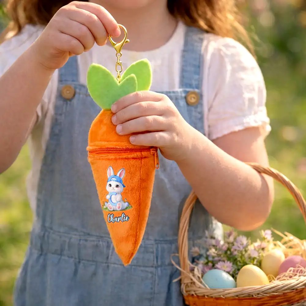 Easter Bunny Holding Alphabet Letter - Personalized Plush Reversible Carrot Bunny Keychain - Image 4