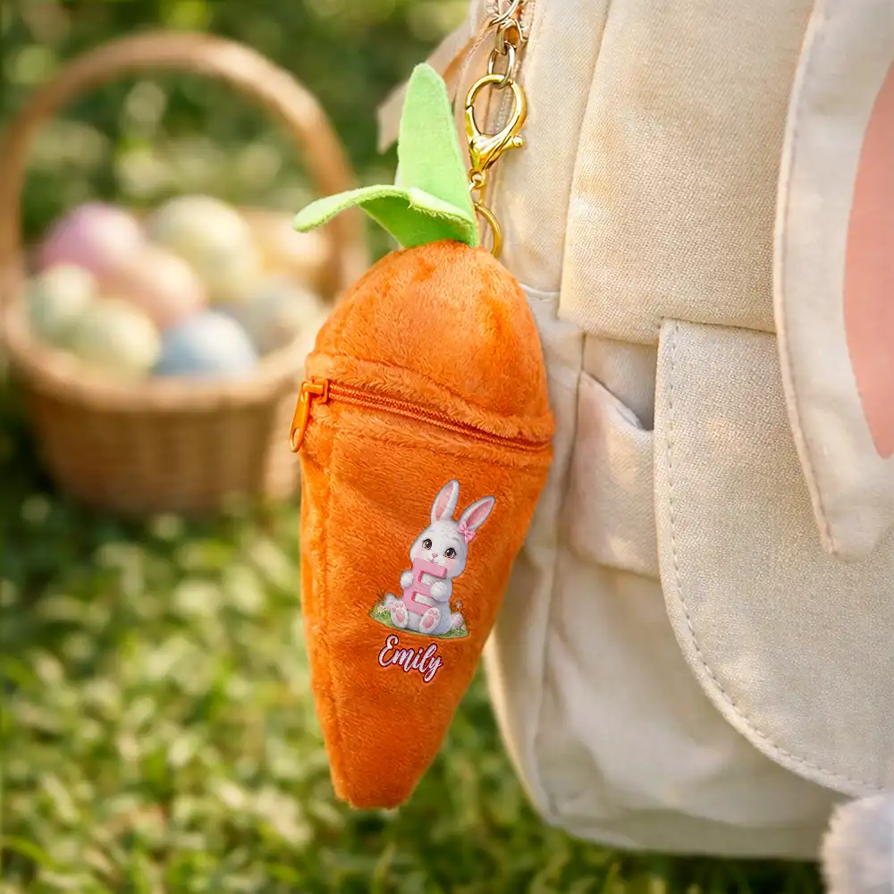 Easter Bunny Holding Alphabet Letter - Personalized Plush Reversible Carrot Bunny Keychain - Image 6