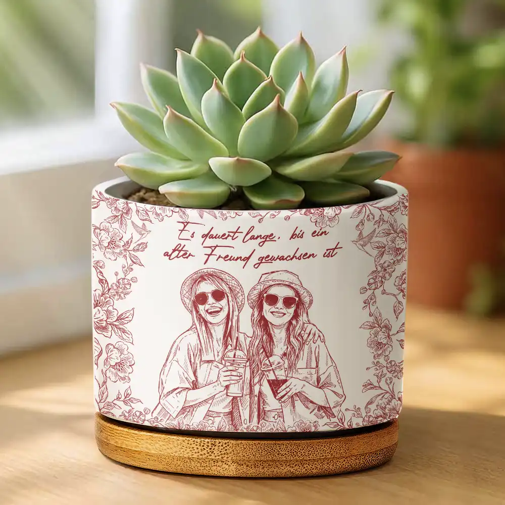 Eigenes Foto Als Bleistiftskizze Wahre Freundschaft Ist Eine Reise Ohne Ende - Personalisierter Keramik-Blumentopf - Image 3