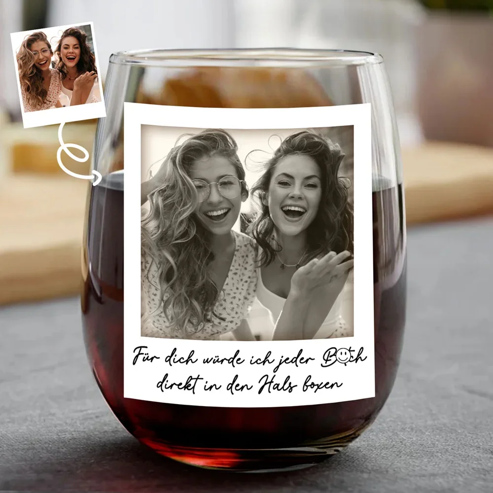 Eigenes Foto Besties Grayscale Direkt In Den Hals Boxen - Personalisierte Weingläser Ohne Stiel