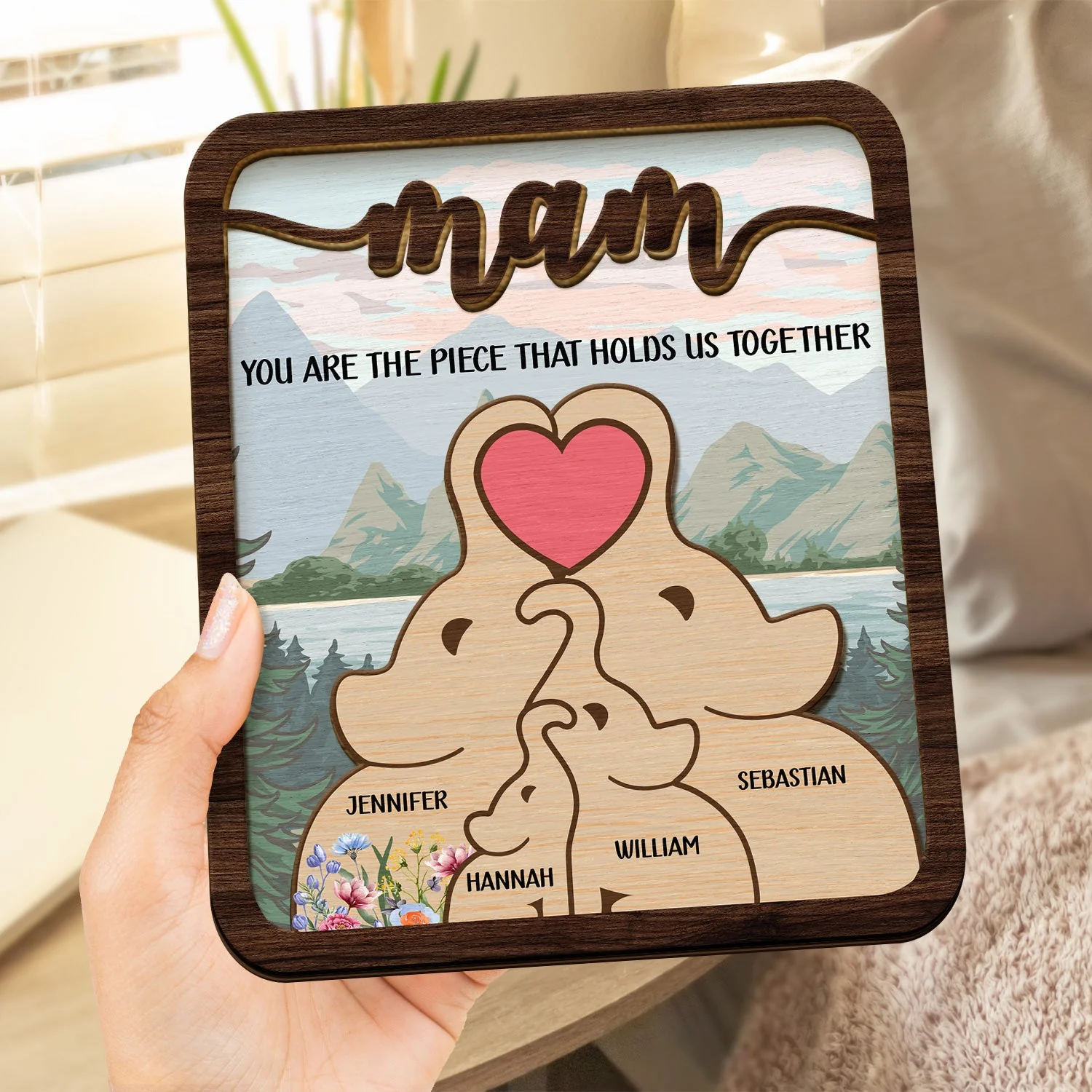 Elephant Mom You Are The Piece That Hold Us Together - Gift For Mothers - Personalized 2-Layered Wooden Plaque With Stand - Image 4