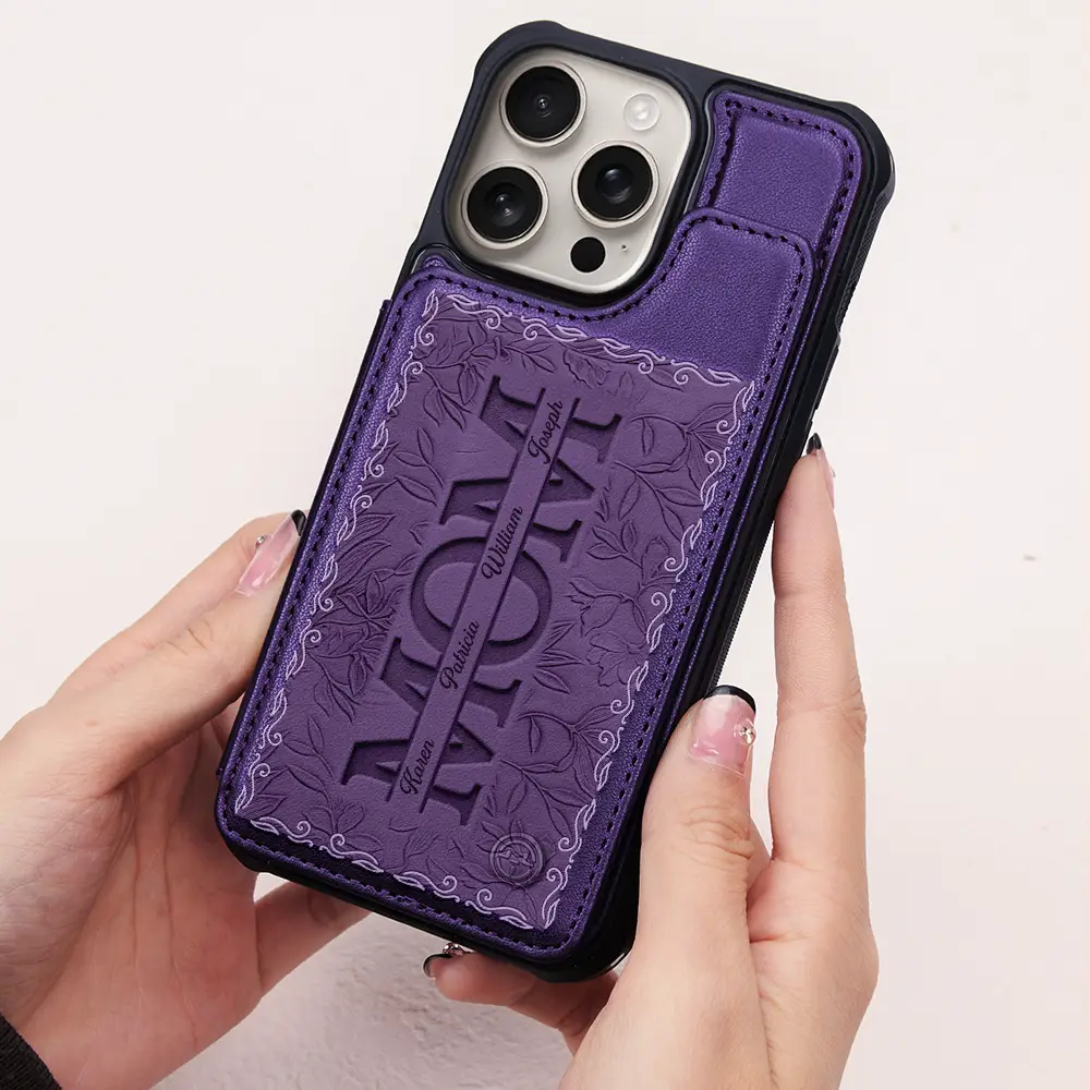 Embossed Flower Leather Mom We Love You - Personalized Leather Flip Wallet Phone Case - Image 2