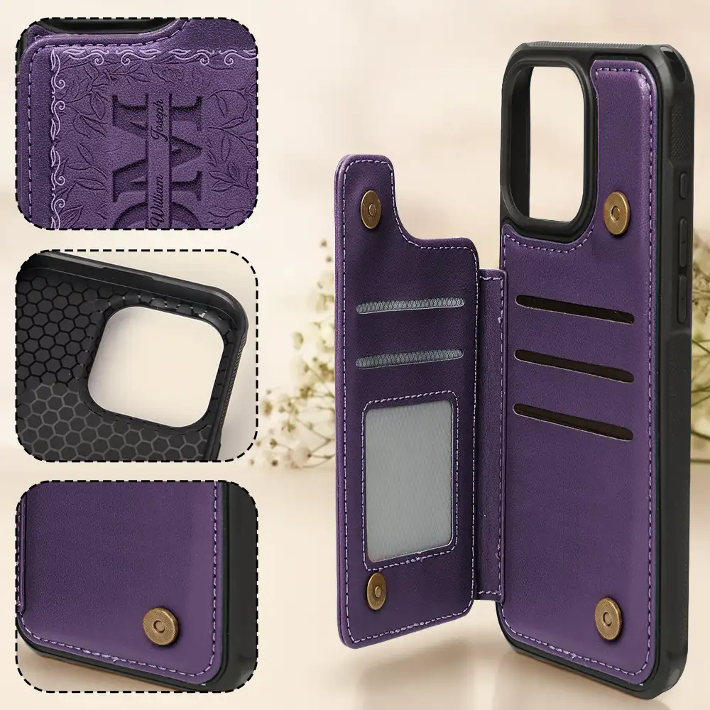 Embossed Flower Leather Mom We Love You - Personalized Leather Flip Wallet Phone Case - Image 4