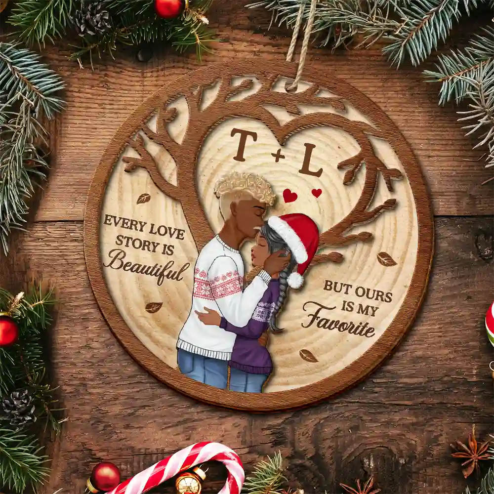 Every Love Story Is Beautiful But Ours Is My Favorite - Personalized 2-Layered Wooden Ornament - Image 4