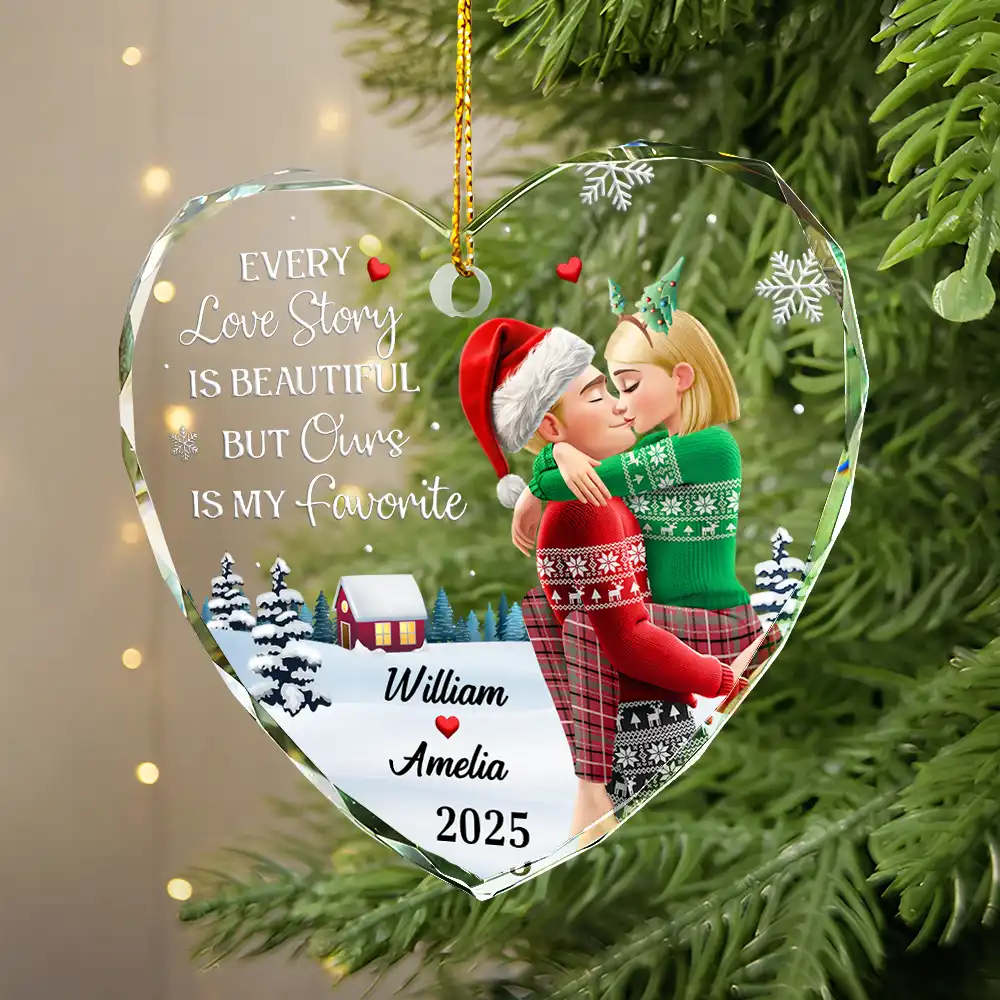 Every Love Story Is Beautiful But Ours Is My Favorite - Personalized Heart Shaped Glass Ornament - Image 2