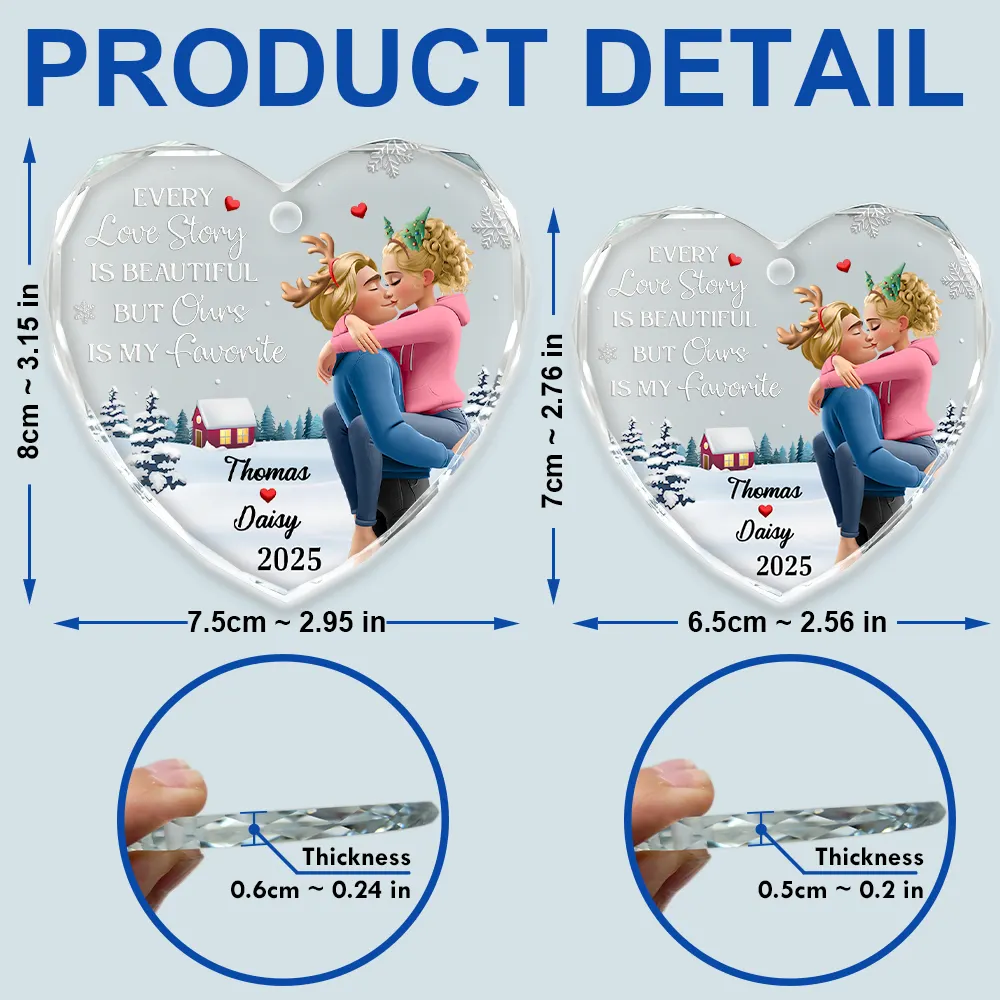 Every Love Story Is Beautiful But Ours Is My Favorite - Personalized Heart Shaped Glass Ornament - Image 5