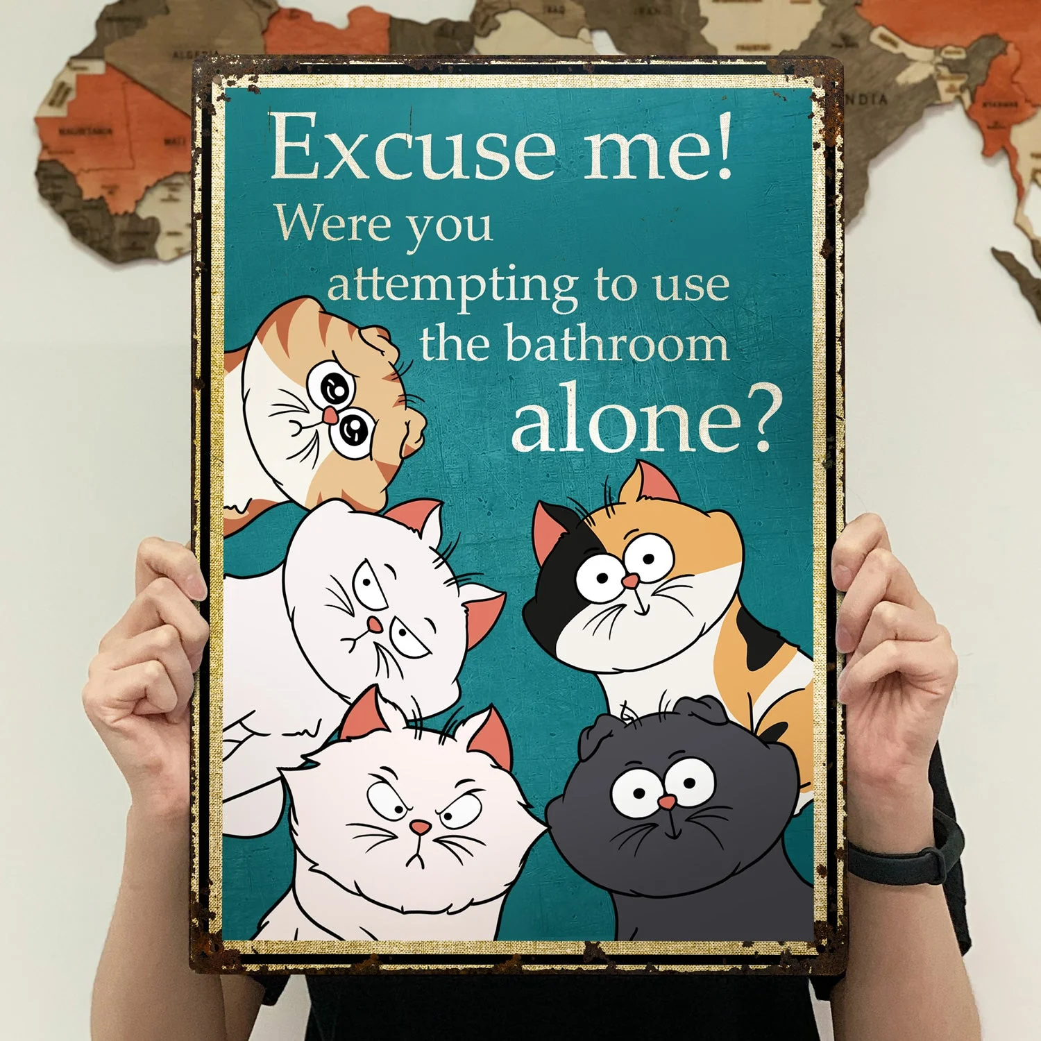 Excuse Me Were You Attempting To Use The Bathroom Alone - Home Decor Gift For Cat Lovers - Personalized Classic Metal Signs - Image 4