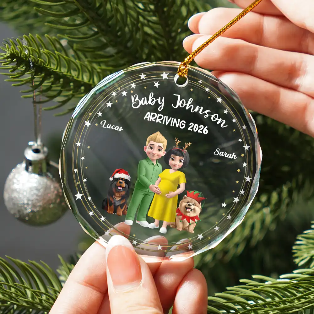 Expecting Parents 3D Effect Baby Arriving - Personalized Circle Glass Ornament - Image 2