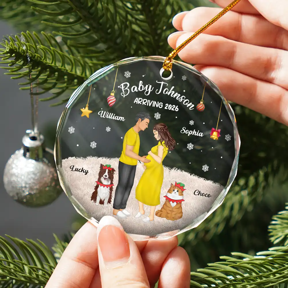 Expecting Parents Baby Arriving Dog Parents To Human Parents - Personalized Circle Glass Ornament - Image 2