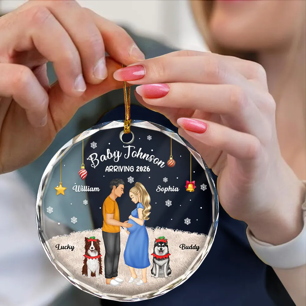 Expecting Parents Baby Arriving Dog Parents To Human Parents - Personalized Circle Glass Ornament - Image 4