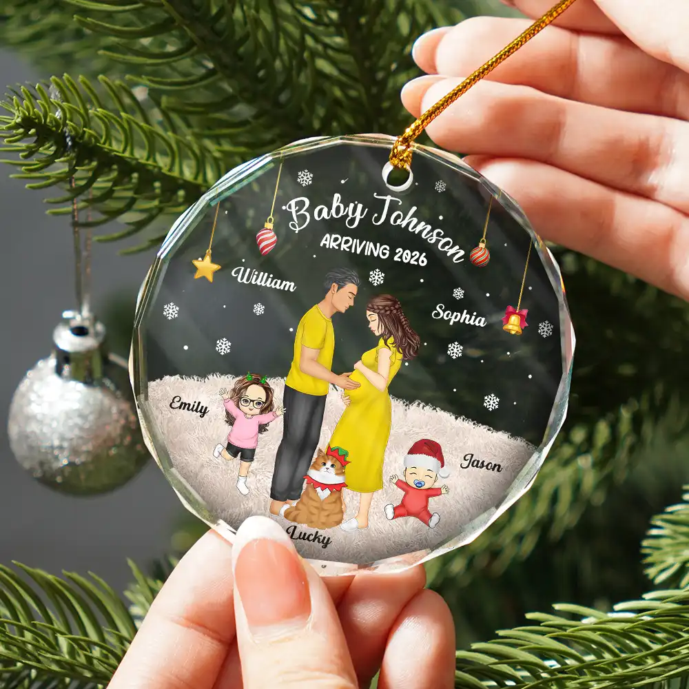 Expecting Parents Baby Arriving The More The Merrier - Personalized Circle Glass Ornament - Image 2