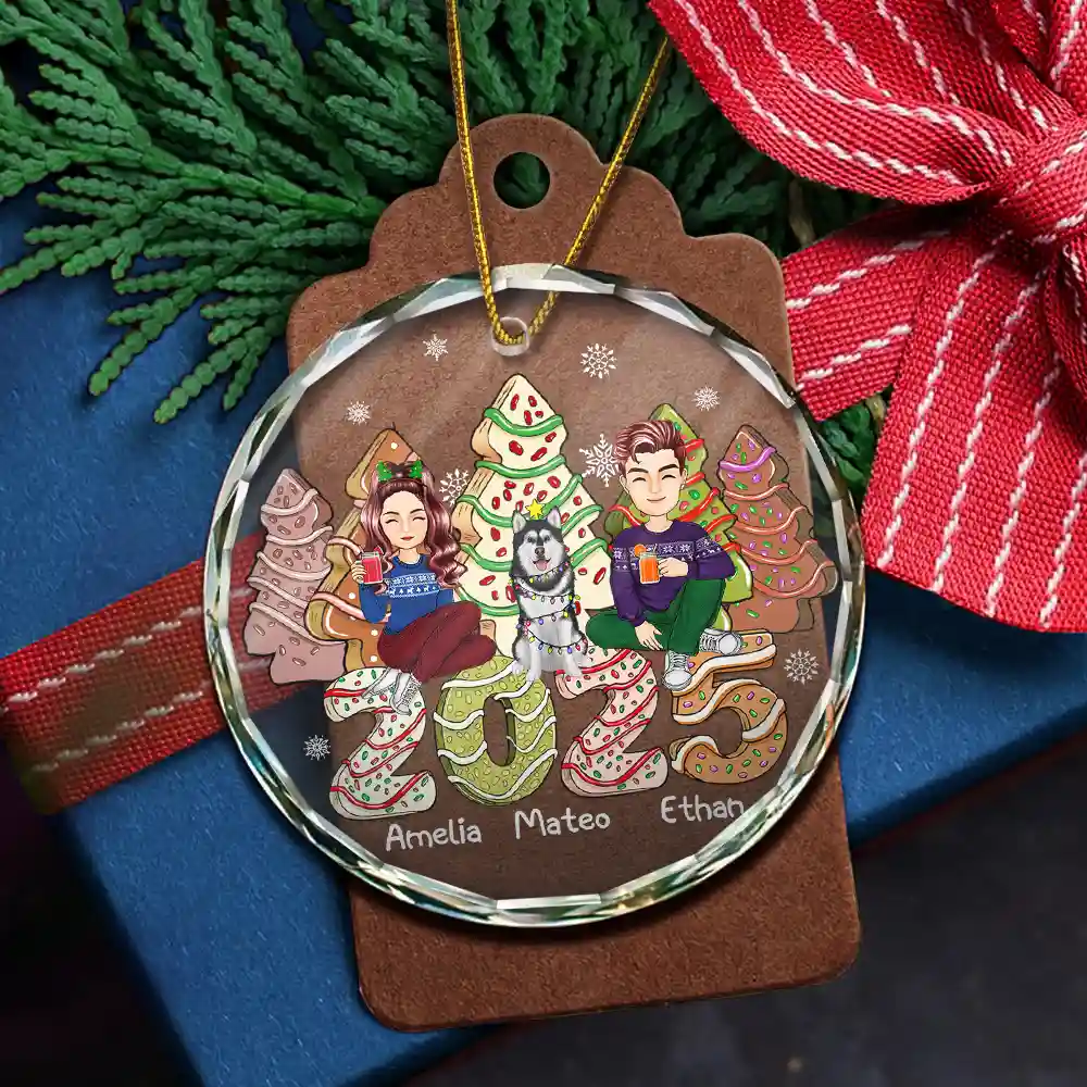 Family Cake, Cookie Trees Christmas Gift For Parent, Kid, Baby - Personalized Circle Glass Ornament - Image 5