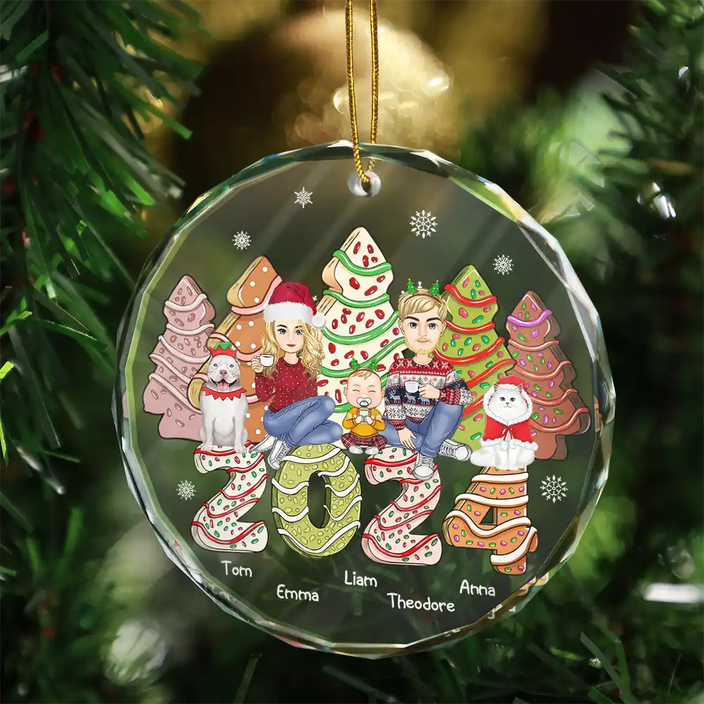 Family 2024 Cake, Cookie Trees Christmas Gift For Single Parent, Same Gender - Personalized Circle Glass Ornament - Image 3