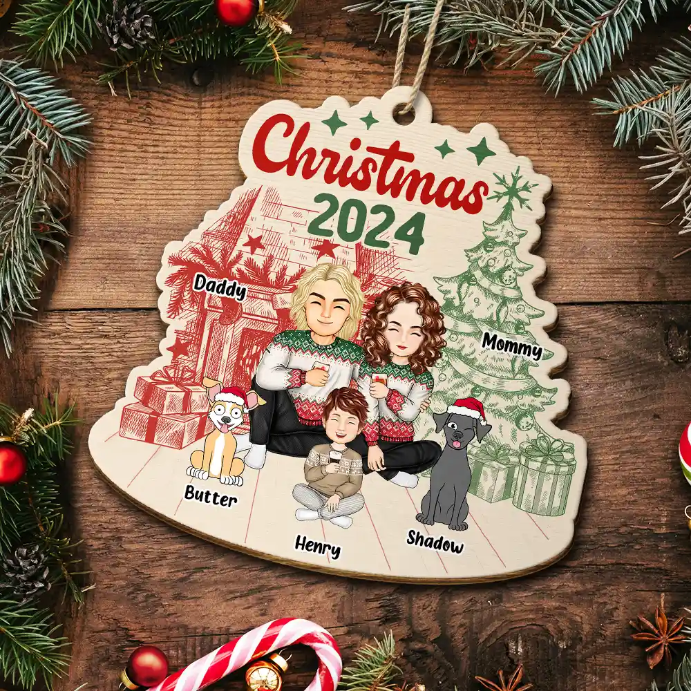 Family 2024 Red Green - Personalized Custom Shaped Wooden Ornament - Image 5