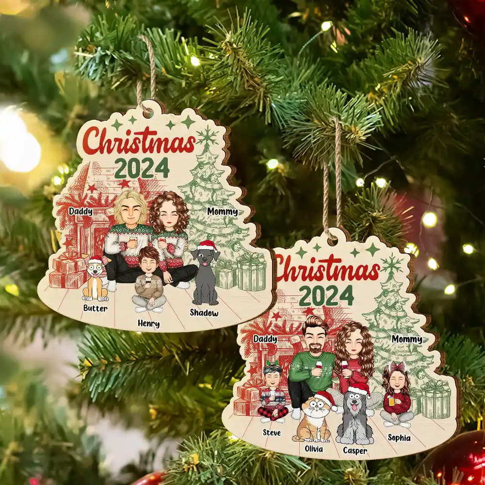 Family 2024 Red Green - Personalized Custom Shaped Wooden Ornament - Image 6