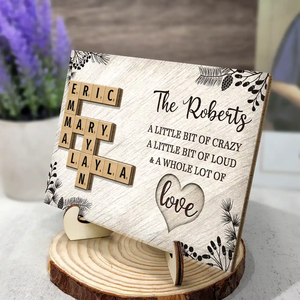 Family A Whole Lot Of Love Crossword Scrabble - Personalized 2-Layered Wooden Plaque With Stand - Image 3
