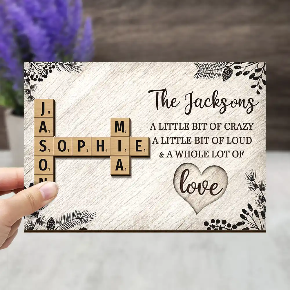 Family A Whole Lot Of Love Crossword Scrabble - Personalized 2-Layered Wooden Plaque With Stand - Image 4