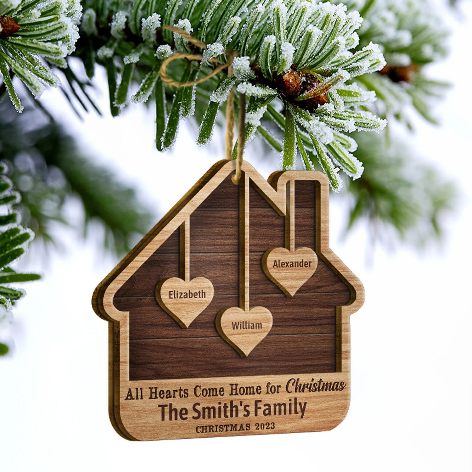 Family All Hearts Come Home For Christmas - Christmas Gift Family - Personalized Custom 2 Layered Wooden Ornament - Image 3