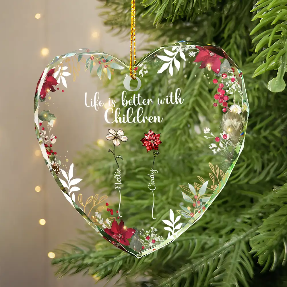 Family Are Different Flowers From The Same Garden - Personalized Heart Shaped Glass Ornament - Image 2