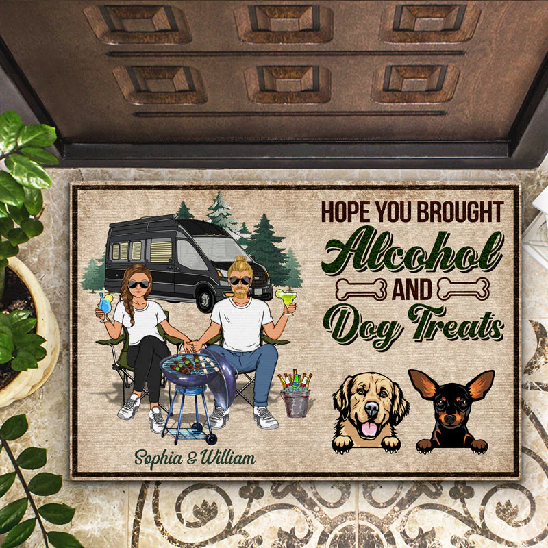 Family Camping Couple Hope You Brought Alcohol And Dog Treats - Dog Lovers Gift - Personalized Custom Doormat - Image 2