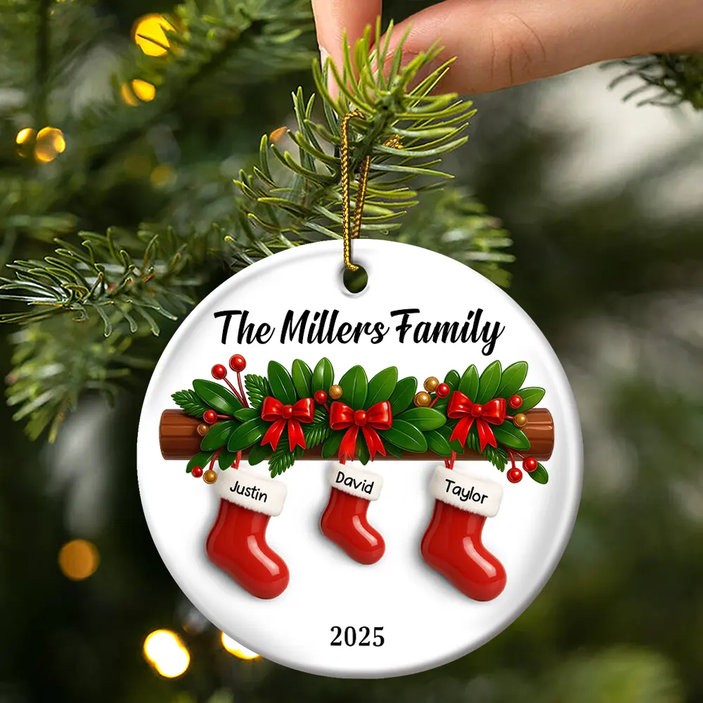 Family Christmas Stockings Ceramic Effect - Personalized Circle Ceramic Ornament - Image 3
