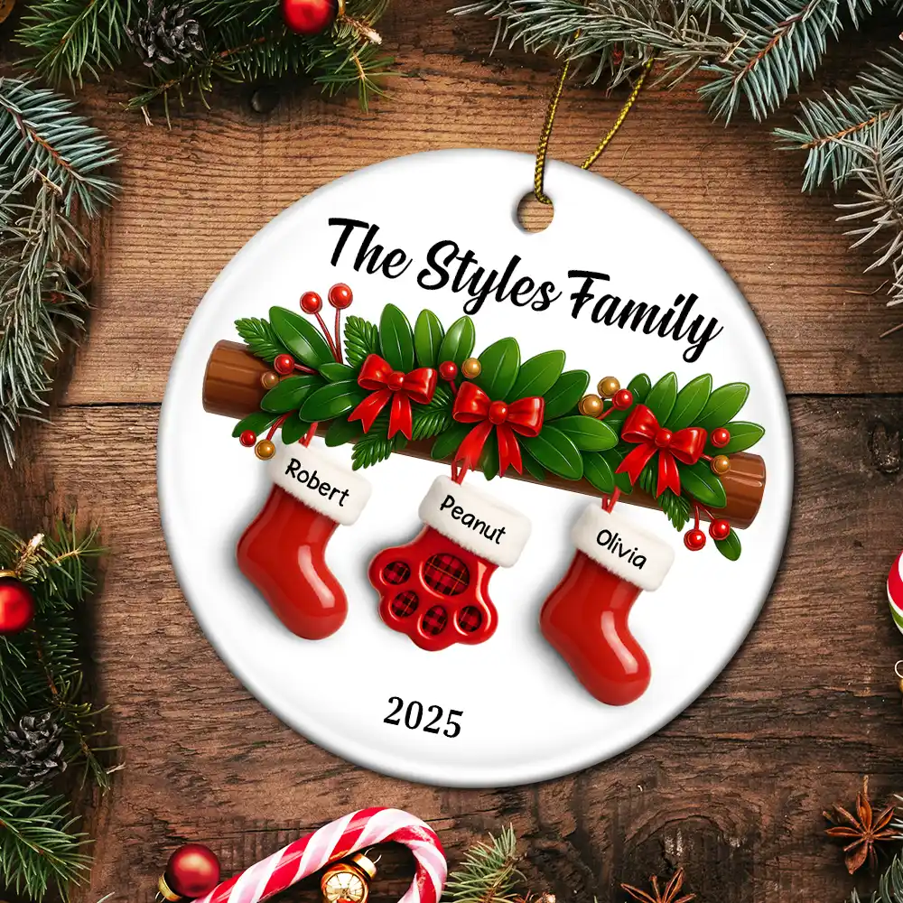 Family Christmas Stockings Ceramic Effect - Personalized Circle Ceramic Ornament - Image 5