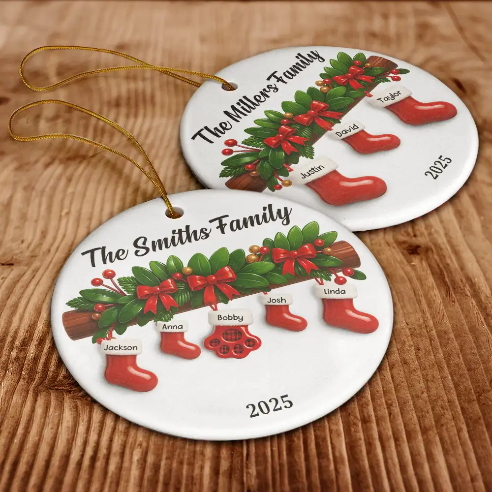 Family Christmas Stockings Ceramic Effect - Personalized Circle Ceramic Ornament - Image 6