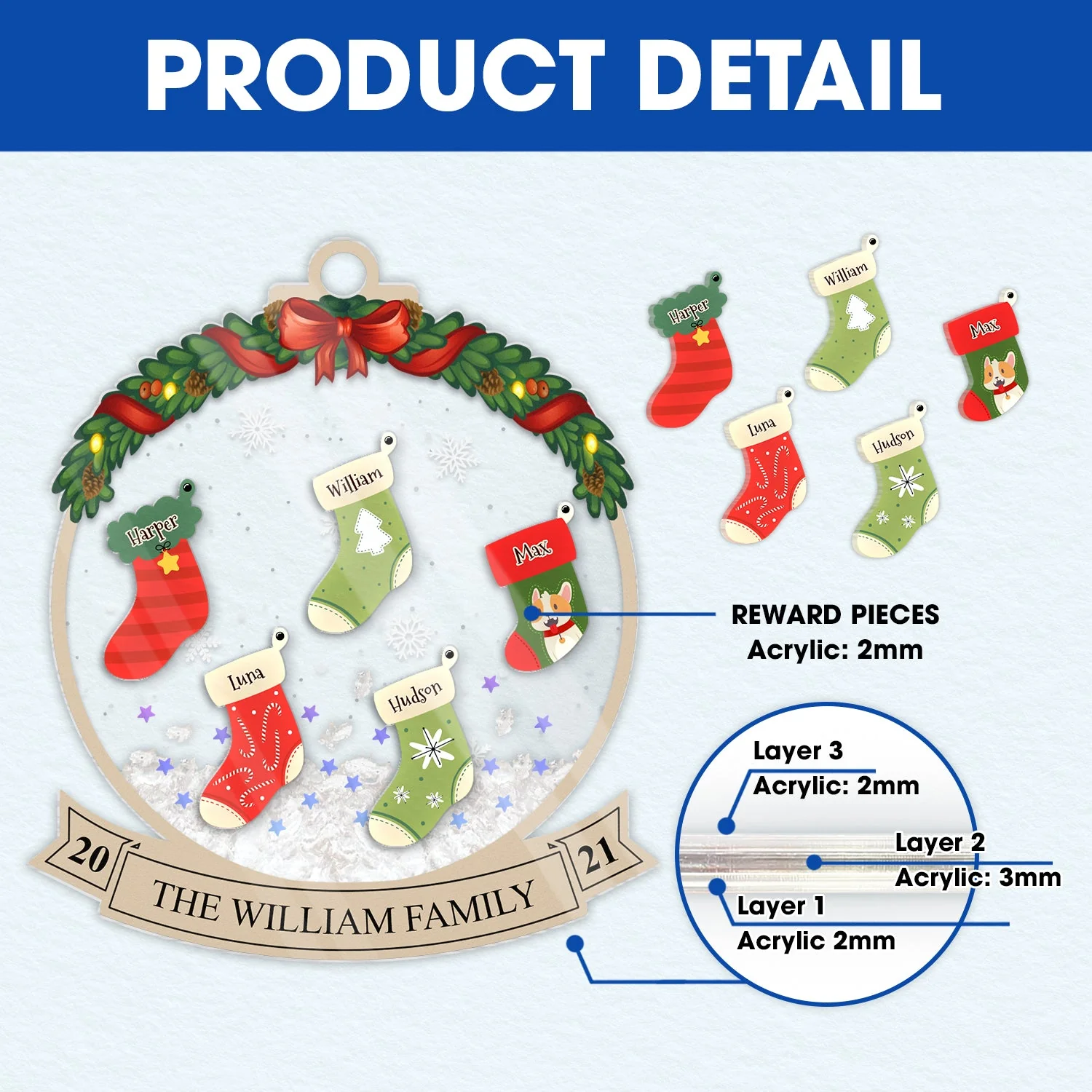 Family Christmas Stockings - Christmas Gift - Personalized 3-Layered Acrylic Shaker Ornament - Image 6