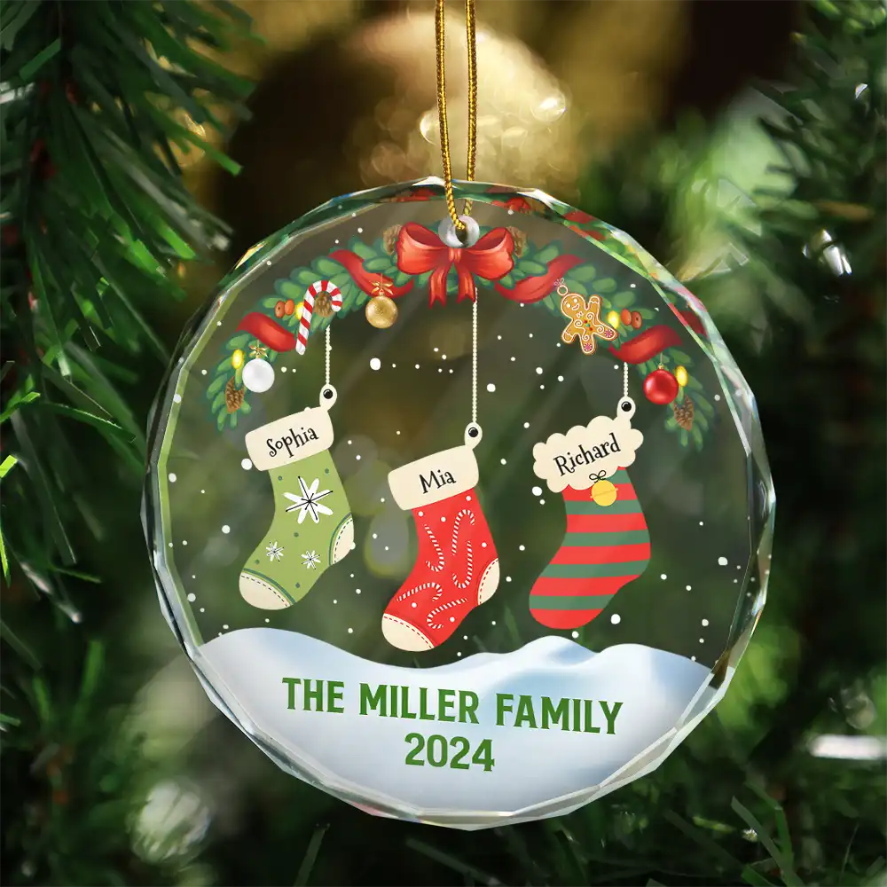 Family Christmas Stockings Parents Kids Pets - Personalized Circle Glass Ornament - Image 3