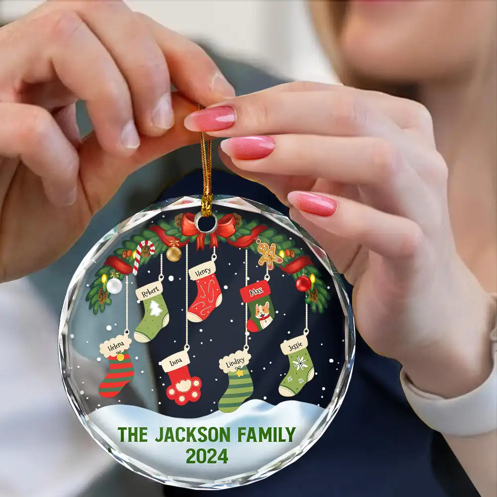 Family Christmas Stockings Parents Kids Pets - Personalized Circle Glass Ornament - Image 4