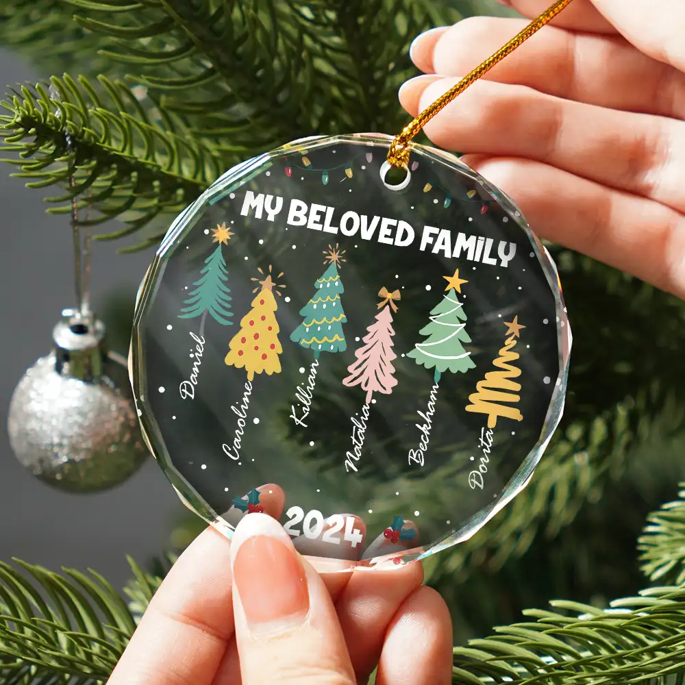 Family Colorful Christmas Trees - Personalized Circle Glass Ornament - Image 3