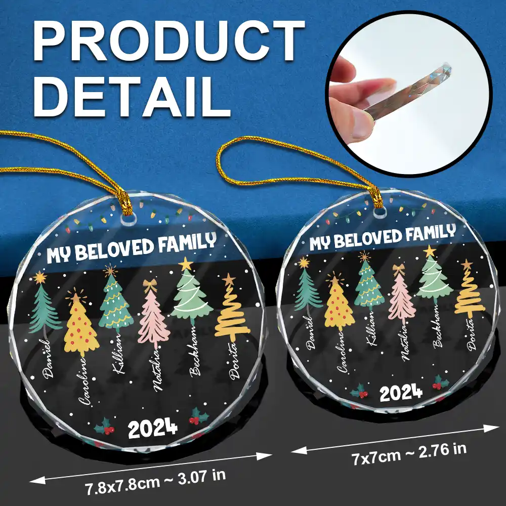 Family Colorful Christmas Trees - Personalized Circle Glass Ornament - Image 7