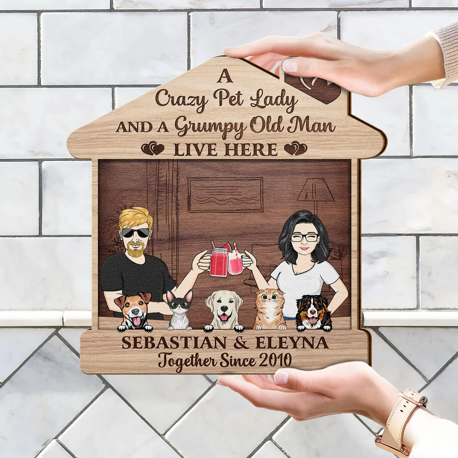 Family Couple A Crazy Dog Cat Lady And A Grumpy Old Man Live Here - Outdoor Gift For Pet Lovers - Personalized Custom Shaped Wood Sign - Image 4