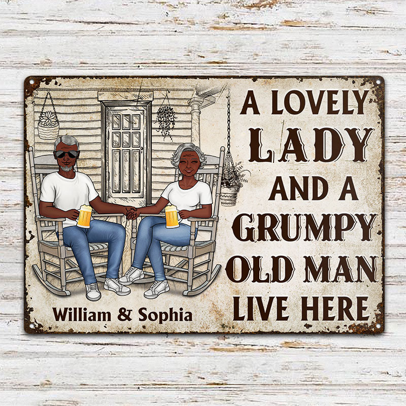 Family Couple A Lovely Lady And A Grumpy Old Man Live Here - Couple Gift - Personalized Custom Classic Metal Signs - Image 2