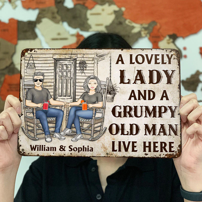 Family Couple A Lovely Lady And A Grumpy Old Man Live Here - Couple Gift - Personalized Custom Classic Metal Signs - Image 3