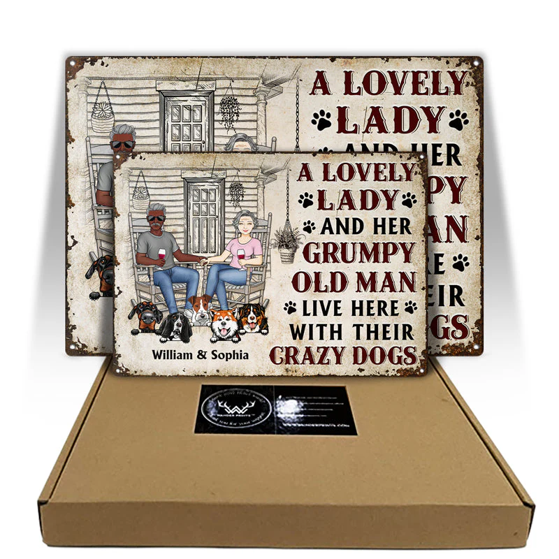 Family Couple A Lovely Lady And A Grumpy Old Man Live Here With Their Crazy Dogs - Gift For Dog Lovers - Personalized Custom Classic Metal Signs - Image 5