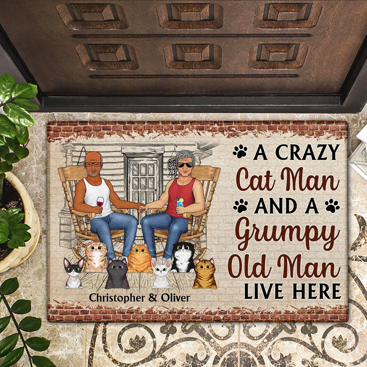 Family Couple A Lovely Lady And Her Grumpy Old Man Live Here With Their Crazy Cats - Gift For Cat Lovers - Personalized Custom Doormat - Image 2