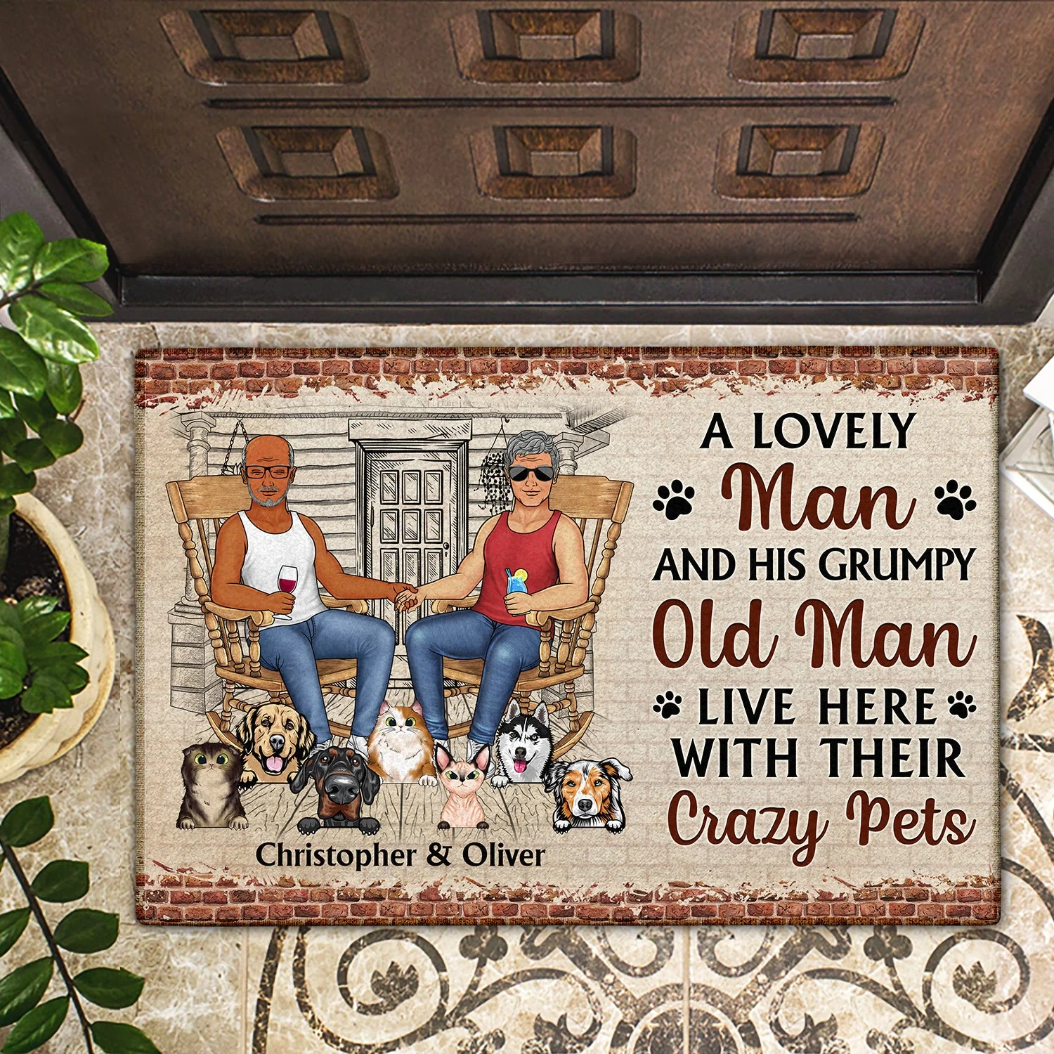 Family Couple A Lovely Lady And Her Grumpy Old Man Live Here With Their Crazy Pets - Gift For Dog Lovers And Cat Lovers - Personalized Custom Doormat - Image 2