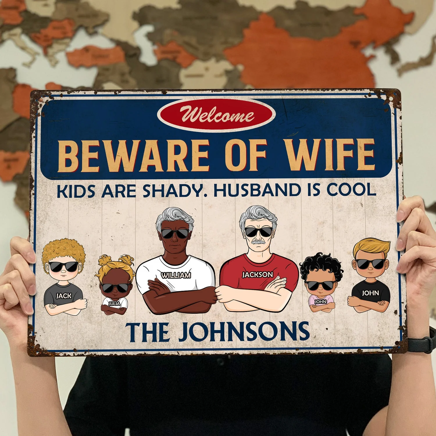 Family Couple And Kids Beware Of Wife - Personalized Custom Classic Metal Signs - Image 4