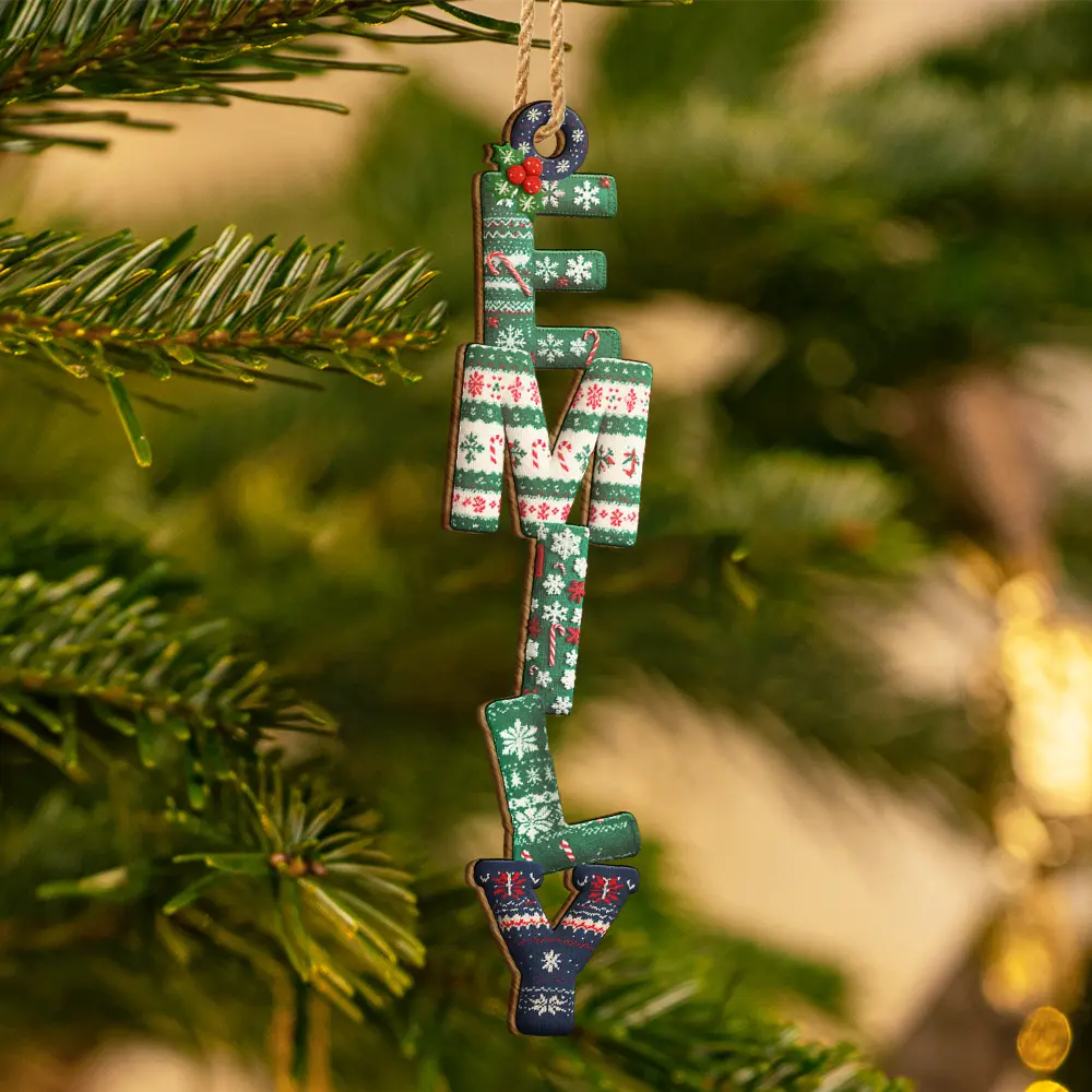 Family Couple Bestie Knitted Effect Name - Personalized Custom Shaped Wooden Ornament - Image 3