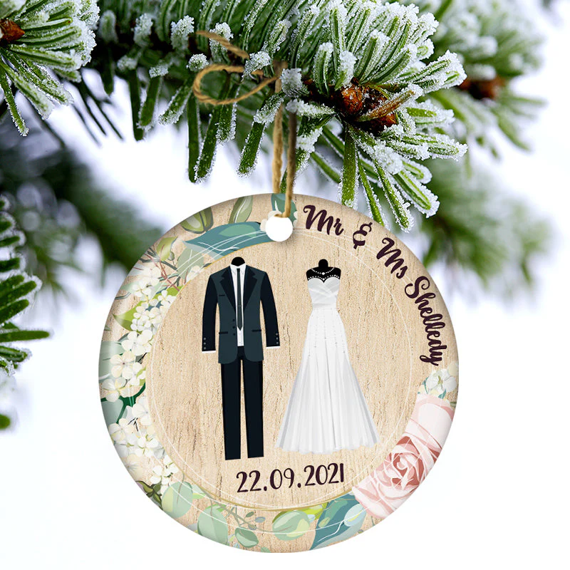 Family Couple Married Wedding Dress - Wedding Gift - Personalized Custom Circle Ceramic Ornament - Image 2