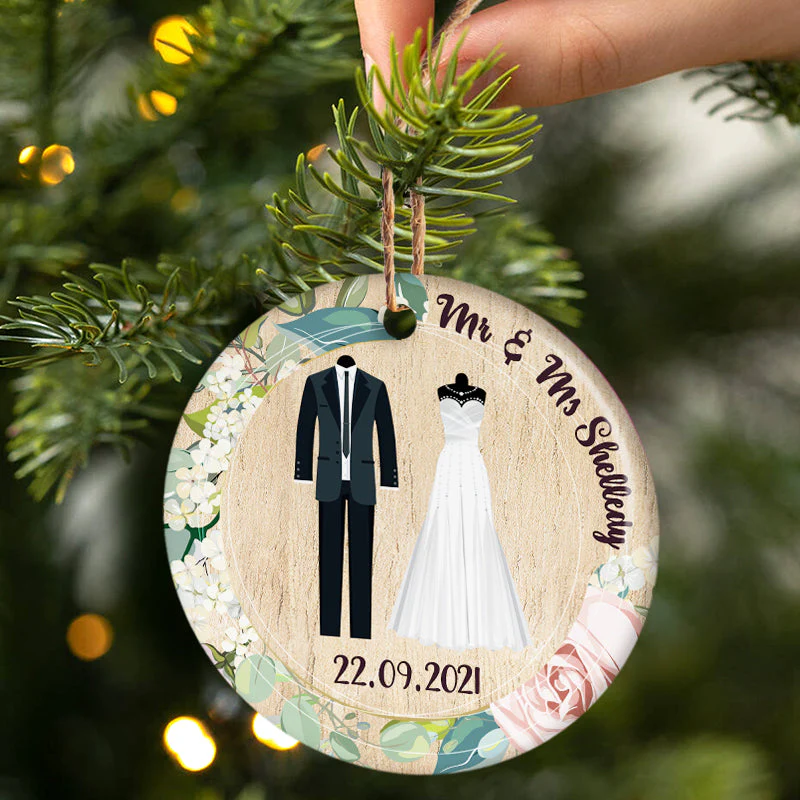 Family Couple Married Wedding Dress - Wedding Gift - Personalized Custom Circle Ceramic Ornament - Image 3