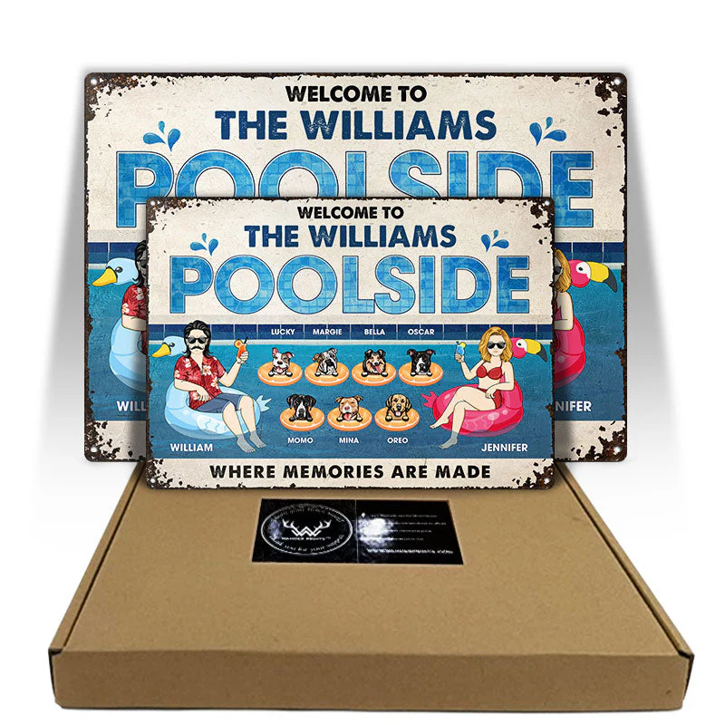 Family Couple Poolside Where Memories Are Made - Gift For Dog Lover - Personalized Custom Classic Metal Signs - Image 3