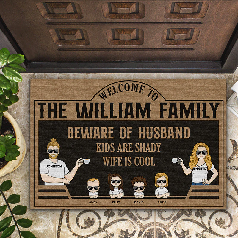 Family Couple Welcome Beware Of Wife Husband Is Cool - Gift For Couple - Personalized Custom Doormat - Image 2