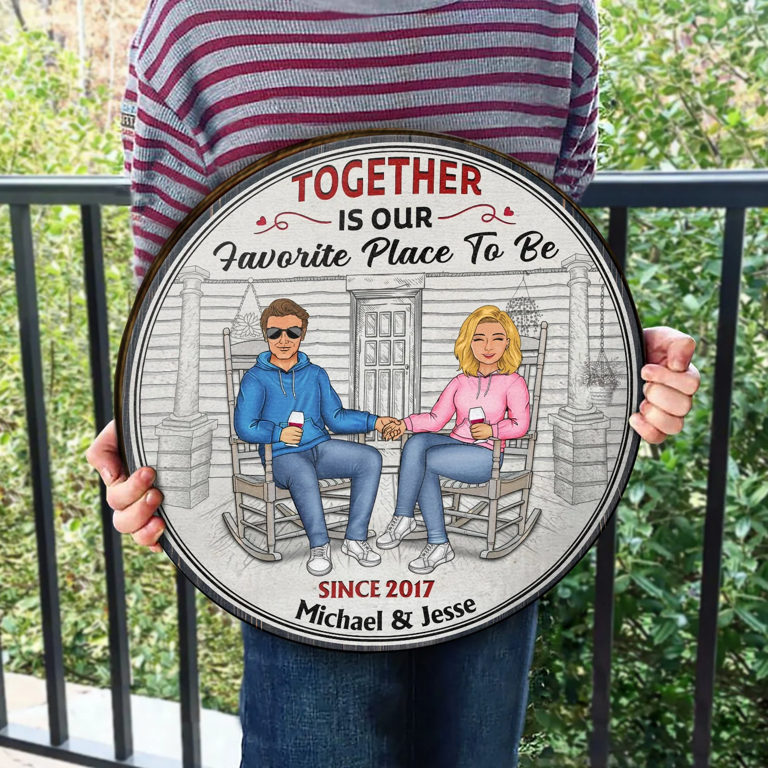 Family Couple Welcome To Our Home - Couple Gift - Personalized Custom Wood Circle Sign - Image 3